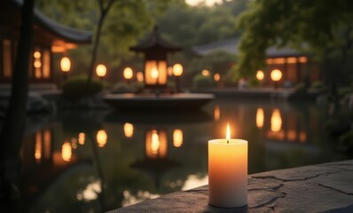 Serene candle by tranquil pond