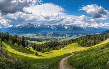 Fototapeta premium Serene Mountain Landscape with Lush Green Hills, Snow-Capped Peaks, and Cloudy Sky Overlooking a Scenic Trail in the Wilderness