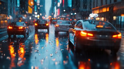 Cars Driving on a Rainy City Street at Night with Reflections