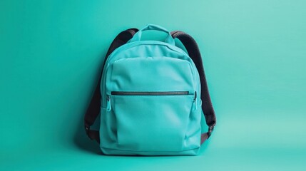 Fototapeta premium Teal backpack, turquoise background, school supplies, education