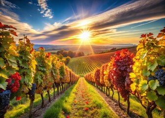 Fototapeta premium Sun-Drenched Vineyard Panorama: Lush Grapevines in Golden Sunlight - Macro Photography