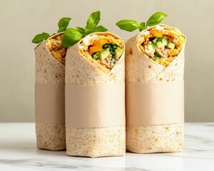 Energypacked breakfast burritos wrapped and ready for standard scale kitchen food photography minimalist close-up healthy eating