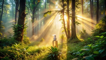 Sunlit Forest Path: Golden Hour Sunlight Streaming Through Lush Trees