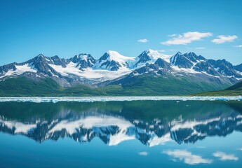 Serene Mountain Landscape with Majestic Peaks, Crystal Clear Lake, and Stunning Reflection Under Bright Blue Sky on a Sunny Day