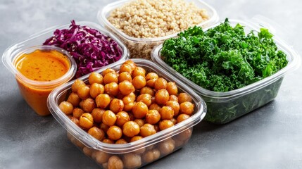 Healthy meal prep bowls featuring roasted chickpeas modern kitchen food photography vibrant top-down view nutrition focus