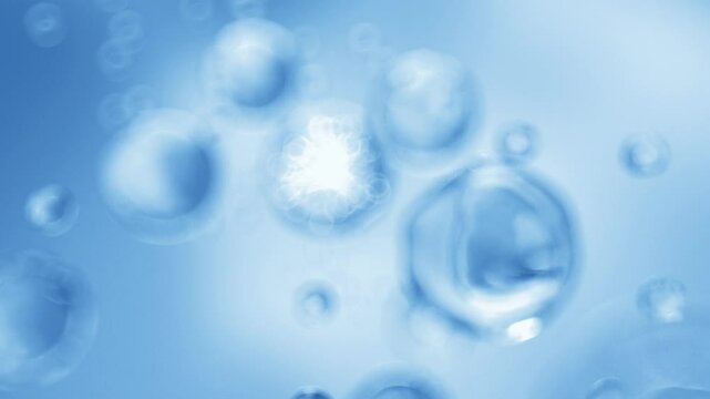 Visualization shows multiple air bubbles in water floating on a blue background. Abstract round crystal bubble with multiple rays of light emanating from within. 3d rendering