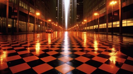 Fototapeta premium Rainy night city street, wet pavement, reflections