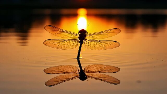 A dragonfly silhouette reflects on tranquil water at sunset.