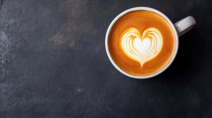 Delicious latte art with heart shape design in a white cup on a dark textured surface, perfect for coffee lovers and café ambiance inspiration.