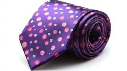 Purple polka dot tie rolled, studio shot, white background, fashion accessory