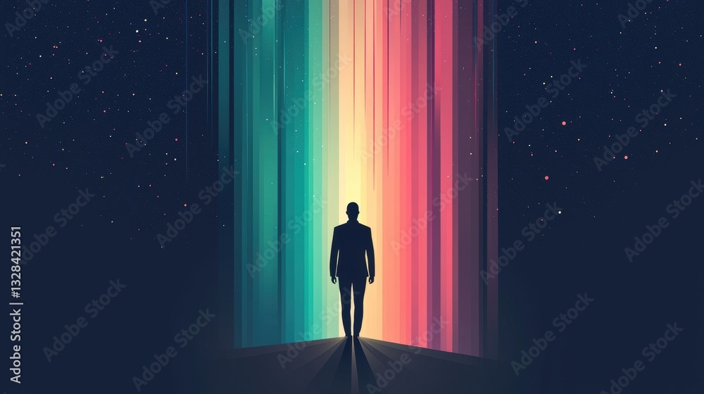 Poster a silhouette stands before vibrant, colorful beams of light, creating a mystical and introspective a
