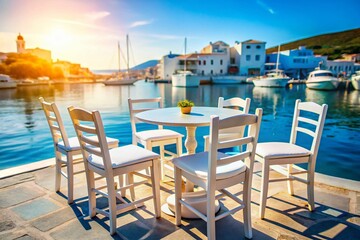 Fototapeta premium Sunny Greek Harbor View: White Chairs & Blue Table Stock Photo