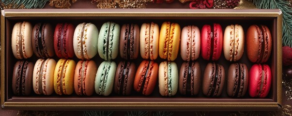A box of colorful macarons with a soft bokeh background