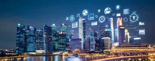Naklejka premium Illuminated urban cityscape with digital interface elements above buildings