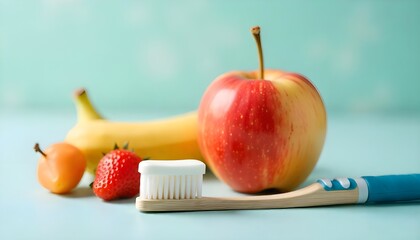 An apple and other healthy foods arranged around a toothbrush and toothpaste, perfect for World Oral Health Day