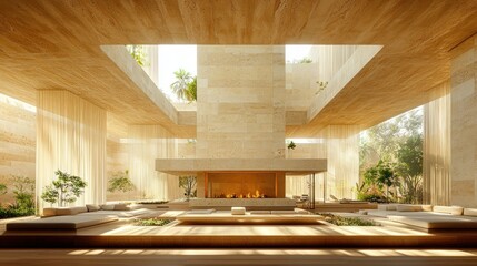 Obraz premium Modern, light-filled interior with a fireplace