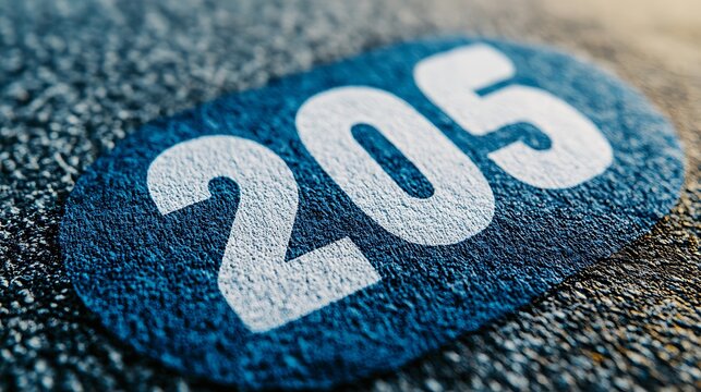 Close-up of number 205 on textured blue surface.