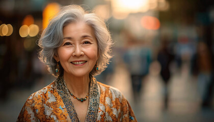A joyful elderly woman smiling in a city setting, perfect for ads targeting seniors, lifestyle blogs, or community events focused on inclusivity and warmth.