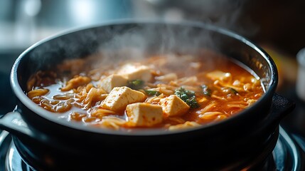 Steaming Tofu Stew in Black Pot with Noodles and Vegetables