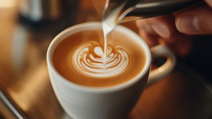 Beautiful latte art being poured into a white coffee cup on a wooden table in a cozy cafe setting, showcasing creamy texture and intricate design