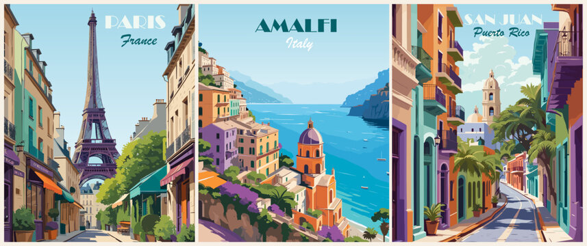 Set of Travel Destination Posters in retro style. Paris, France, Amalfi coast, Italy, San Juan, Puerto Rico prints. Exotic summer vacation, holidays concept. Vintage vector colorful illustrations.