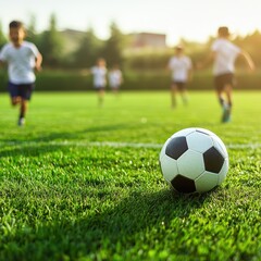 Obraz premium Children excitedly playing soccer on a well-kept grass field under bright blue skies in a joyful atmosphere