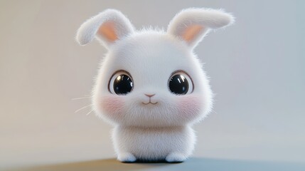 Fototapeta premium A fluffy white bunny with big eyes is depicted looking forward