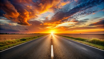 Naklejka premium Sunset Highway: Asphalt Road Vanishing into Golden Horizon