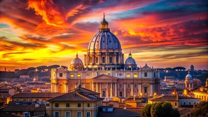 Fototapeta premium Sunset Illuminates St. Peter's Basilica Dome, Rome, Vatican City
