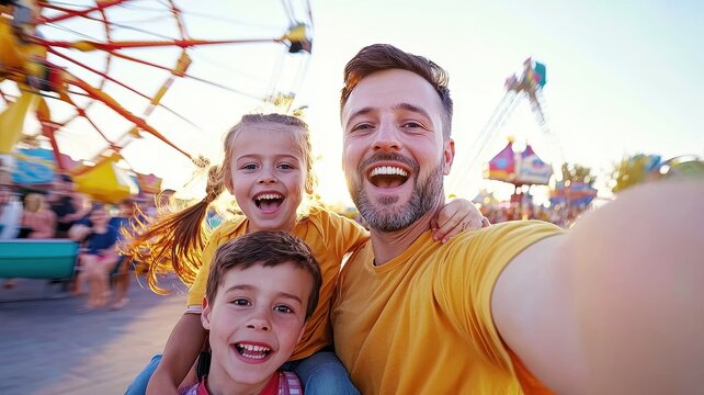Fun-loving father taking a selfie with his kids at an amusement park capturing joyful memories of a day full of excitement