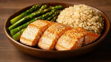 High-protein meal prep salmon asparagus and rice home kitchen food photography healthy lifestyle close-up nutrition