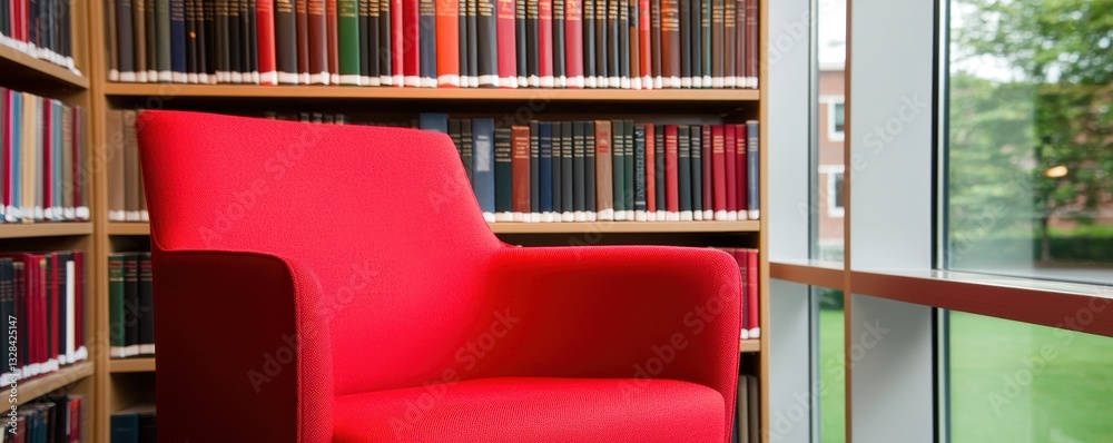 Poster a vibrant red chair in a library setting, surrounded by shelves of books and large windows inviting 