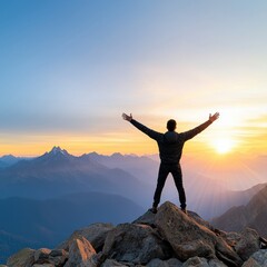 A victorious person standing on the summit of a mountain with arms wide open embracing nature and triumph of climbing