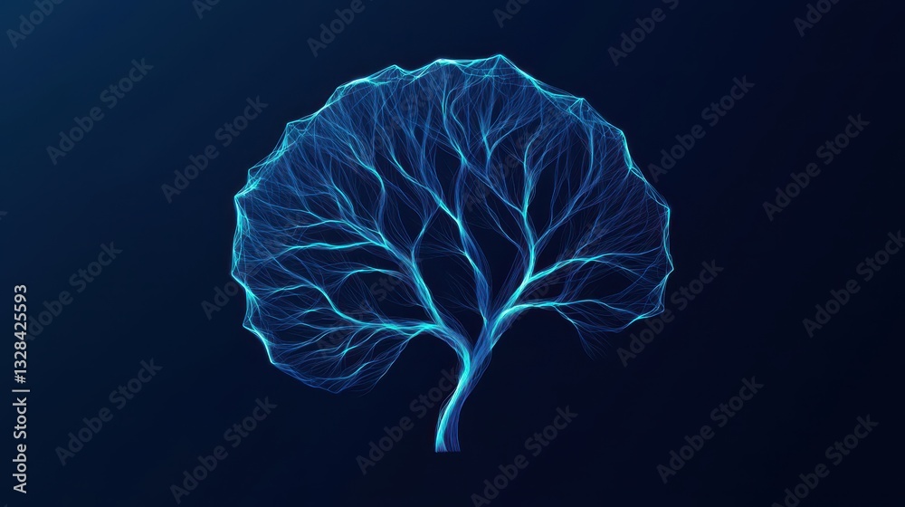 Poster a glowing blue tree with intricate branches against a dark background, symbolizing nature and interc