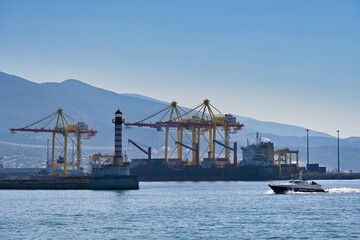 Panorama of the cargo sea port in Novorossiysk city
