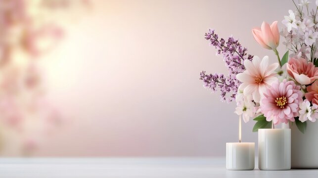 Soft-toned floral arrangement with candles.  Pastel colored flowers and candles on a table, a blurred background of spring blossoms