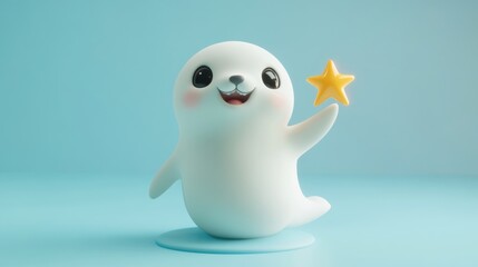A cute cartoon seal happily holding a golden star