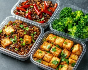 Innovative fitness meal prep veggie-heavy stir-fry in meal containers modern kitchen high-protein healthy lifestyle