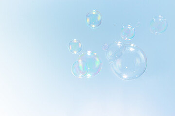 Beautiful Soap Bubbles Floating in The Sky. Celebration Festive Backdrop. Freshness Soap Suds Bubbles Water. Abstract White Gradient Textured Background.	
