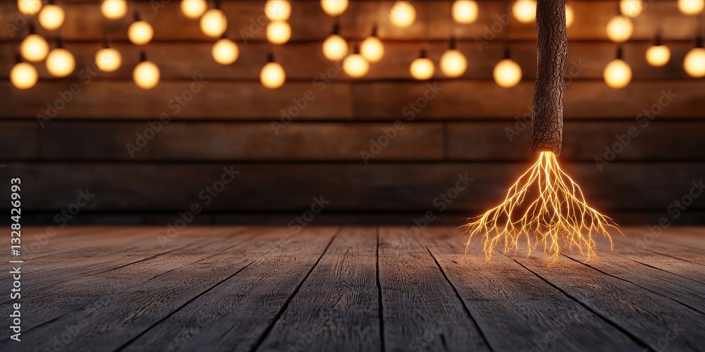 Poster a wooden post with glowing roots stands on a wooden floor, illuminated by warm lights in the backgro