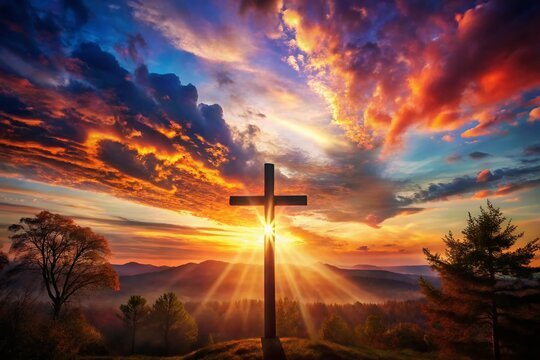 Surreal Autumn Sunset Cross Silhouette: Dreamlike Ascension Day Image