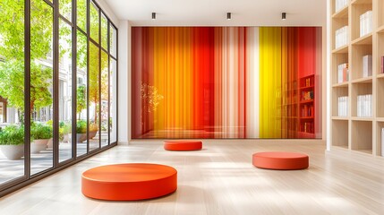 Modern Interior Orange Seats, Colorful Mural, and Wooden Floor
