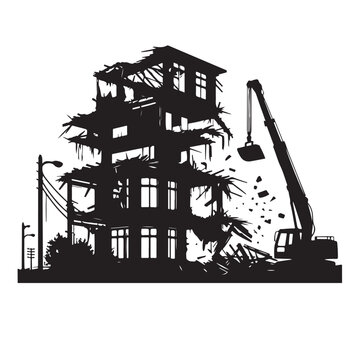 black building demolition with crane clip art preview