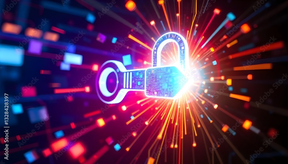 Poster A pixelated, tech-inspired glowing key, visually unlocking in a burst of vibrant digital light, perfect for World Consumer Rights Day