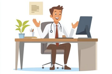 Happy Doctor Online Consultation Medical Advice Healthcare Professional Desk Computer art clinic    