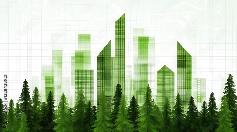 Poster a green urban landscape featuring abstract skyscrapers emerging through a forest, symbolizing the bl