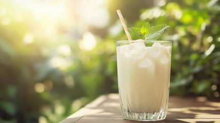 Refreshing milkshake with mint leaves in a glass on a sunny table