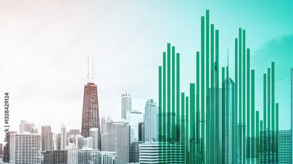 Poster a modern city skyline with a stylized green bar graph overlay, representing growth and data analytic