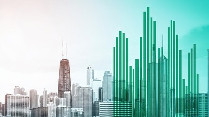 Fototapeta premium A modern city skyline with a stylized green bar graph overlay, representing growth and data analytics.