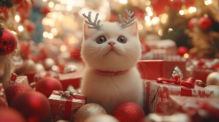 Obraz premium Festive Kitten with Antler Headband Among Christmas Gifts